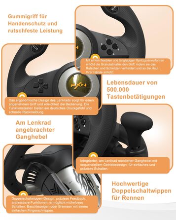 PXN V3 Pro Ігровий кермо з педалями для ПК, PS4, PS3, Xbox, Nintendo Switch. 180° поворот, вібрація, педалі, перемикачі швидкостей - Чорний