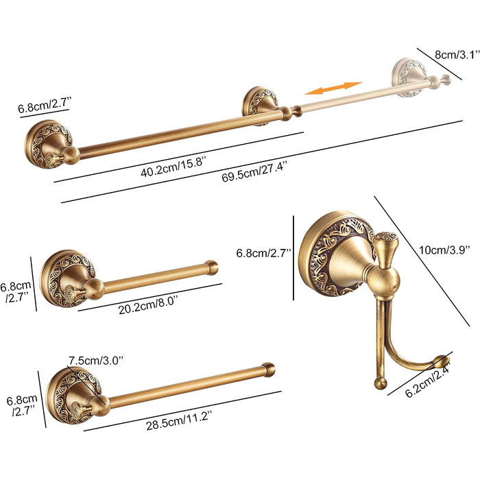 Антикварна бронза Набір фурнітури для ванної кімнати, Регульована полотенцесушитель, Тримач туалетного паперу, Поручник для рушників, Гачок, Набір аксесуарів для ванної кімнати Стіна (різьблений візерунок, антикварна бронза Бронза