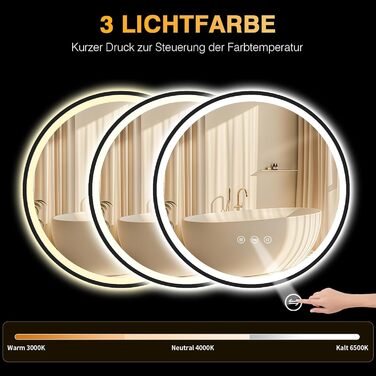 Дзеркало кругле PESENXAN 70см з підсвічуванням та чорним каркасом. Антизапарник, регулювання яскравості, 3 кольори світла, LED, сенсорне управління, функція пам'яті. Розміри: 70x70 см