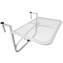 Зручний навісний столик для балкона – 3-рівневе регулювання висоти, металевий, стійкий до погодних умов. Ідеальний балконний столик, приставний столик для балконних та терасійних поручнів. Розміри: 60 x 56 см, колір – білий.