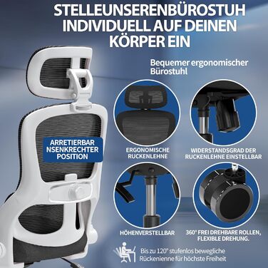 Офісне крісло TRALT Ergonomiczne - ігрове крісло з регульованою підголівником та підтримкою попереку, для дому та офісу, комп'ютерне крісло для великих людей, сітчасте крісло, 150 кг (білий, чорний)