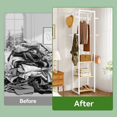 Підставка для одягу IBUYKE, вільного стояння, з 3 полицями та 8 гачками, індустріальний дизайн, для передпокою, коридору, спальні, 180 x 40 x 30 см, колір: натуральний та білий