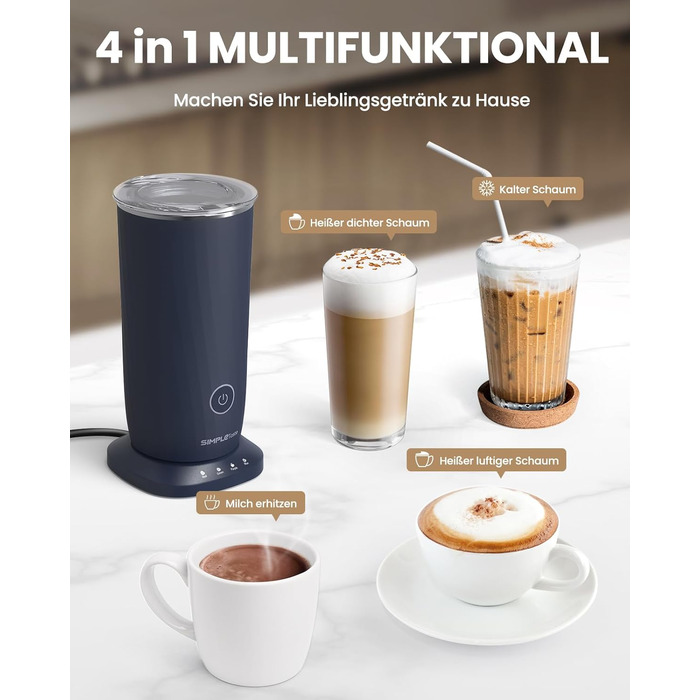 Електричний спінювач молока SIMPLETASTE 4-в-1: гарячий та холодний спінений молочний напій, підігрів молока, приготування какао, антипригарне покриття, автоматичне вимкнення, тиха робота, без BPA, для капучино та лате, темно-синій, з додатковою насадкою