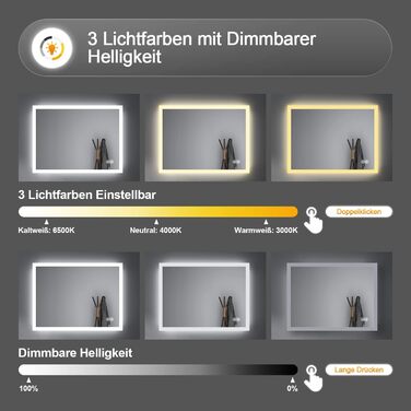 LED дзеркало для ванної кімнати з підсвічуванням 40x60 см, сенсорне керування, 3 кольори світла, IP67, енергозберігаюче A++