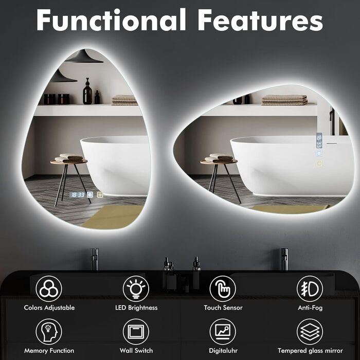 Круглий дзеркало для ванної кімнати з підсвічуванням, 60 см, антизапар, LED, Bluetooth, сенсорне управління, 3000K-4000K-6500K, регулювання яскравості, HD-загартоване скло, дзеркало для ванної кімнати з підсвічуванням (500x700 мм, краплеподібної форми)