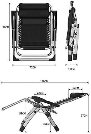Розслаблюючий шезлонг для відпочинку на сонце: складний, з підтримкою 200 кг, чорний з сірими подушками. Ідеально для саду, тераси, пляжу, кемпінгу та відпочинку вдома.