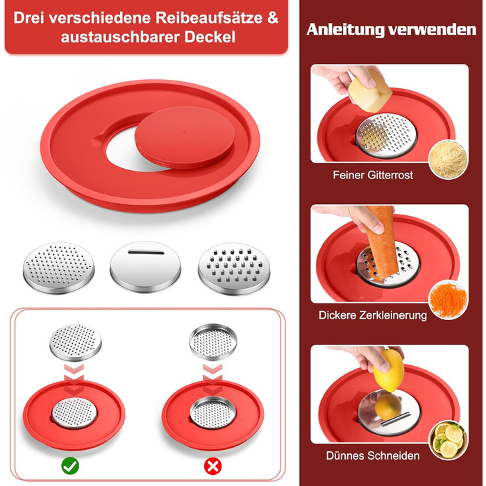 Набір мисок Homikit, 5 шт. з нержавіючої сталі, з кришкою та силіконовим дном, мультифункціональний, для салатів, 6.6L / 3.5L / 2.5L / 1.5L / 1L (червоний, з 3 тертками)