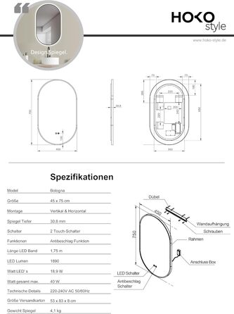 Дзеркало LED HOKO Design ANTIBESCHLAG овальне 45x75 см Bologna+ Metall Rahmen Schwarz. LED підсвічування, сенсорна кнопка, регулювання кольору світла (тепле біле, холодне біле, нейтральне), антизапарник, монтаж HOCH+QUER, 75L x 45B см