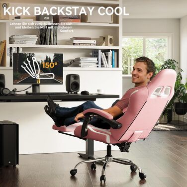 Ігровий крісло Dowinx з підніжкою та масажем попереку. Ергономічне, комфортне, з підголівником. Підходить для офісу, дому, стрімінгу та тривалих ігрових сесій. Білий (рожевий)