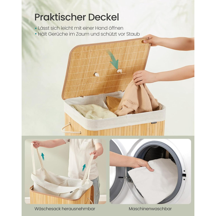 Кошик для білизни SONGMICS з кришкою, 2 відділення, 120 літрів, бамбук, складний, знімний мішок для прання, з ручками, для ванної кімнати, спальні, натуральний колір
