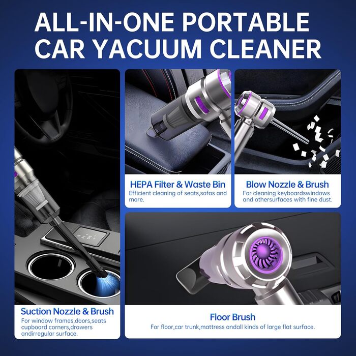 Бездротовий портативний автомобільний пилосмик Mini-Handstaubsauger, потужність 23000Па, циклонна система, USB-зарядка, для авто, дому та офісу (Сріблястий фіолетовий)