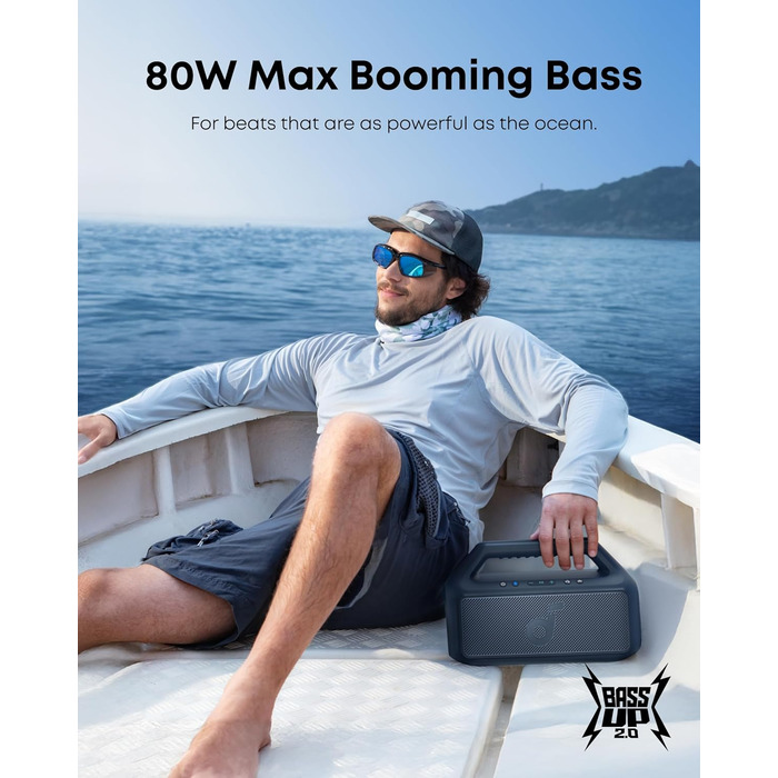 Soundcore Boom 2 - портативна Bluetooth колонка, 80W, сабвуфер, BassUp 2.0, 24h, IPX7, LED, USB-C, EQ, BT 5.3, для кемпінгу, пляжу, саду (блакитна)