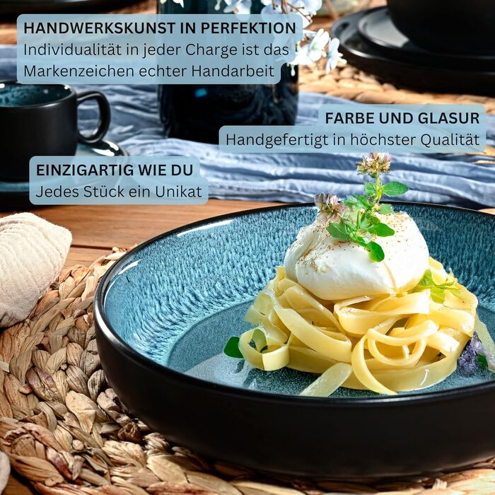 Набір посуду SÄNGER Vigo 24 частини: 6 тарілок, 6 тарілок для сніданку, 6 глибоких тарілок, 6 мисок для пасти, стеатоліт, блакитний з чорним обідком