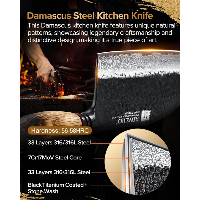 Ніж кухарський XINZUO Damaststahl 19,3 см з фінішною обробкою Hammer, професійний, з нержавіючої сталі Дамаск, з ергономічною ручкою з білого дуба, серія Mo