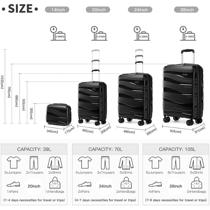 Чемодан-валіза KONO: великий, легкий, з жорстким корпусом, TSA-замком та 4 колесами (білий, чорний, набір 4 шт.)