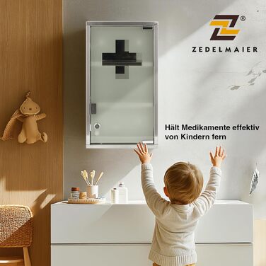 Медичний шкаф Zedelmaier з нержавіючої сталі, 4 відділення, аптечний, для ванної кімнати, з можливістю підвішування, закривається на замок, 57 x 27 x 12 см, білий