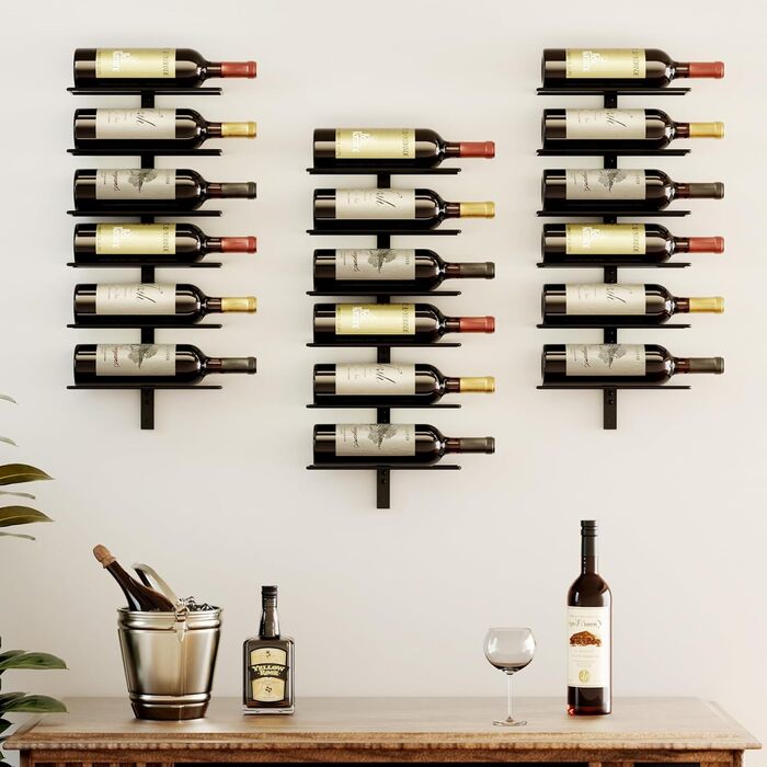 Настінна полиця для вина TJ.MOREE на 12 пляшок, дерев'яний винотримач для кухні, бару, їдальні - чорний комплект 6 шт.