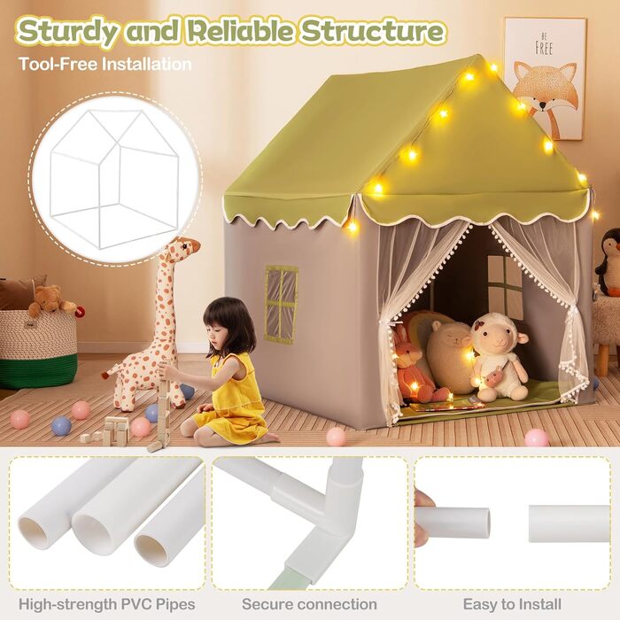 Дитячий намет HOMASIS для гри в приміщенні, ігровий будиночок з килимком, зірками та вікнами, з подвійним занавісом, намет для дівчаток та хлопчиків, намет- tipi (зелений)