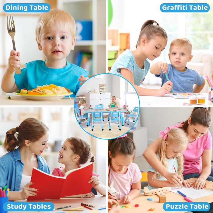 Дитячий стіл зі стільцями (6 шт.) - комплект для дитячого садка та кімнати, регульована висота, пластикові меблі, сидіння для хлопчиків та дівчаток (блакитний)