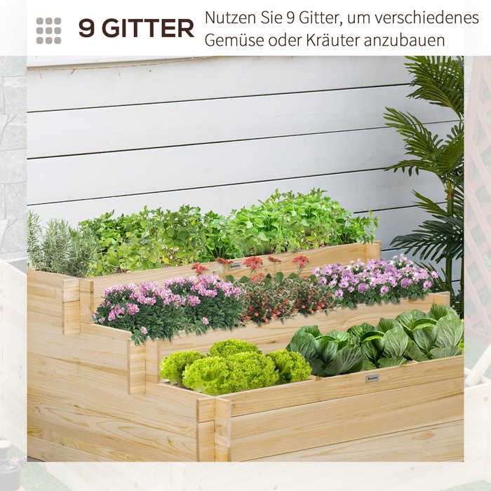 Високий грядка, 3 яруси, внутрішнє покриття з флізеліну, фарбоване натуральне дерево, 117 x 100 x 54 см