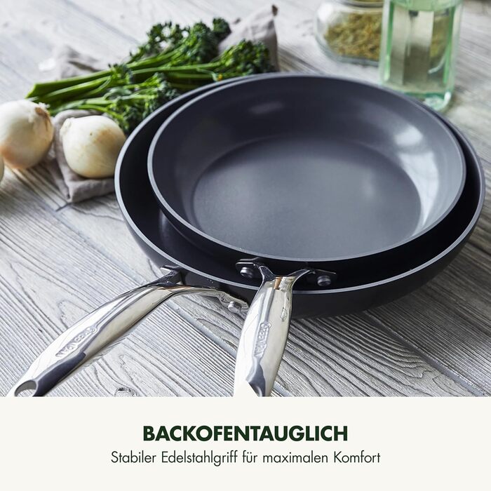 Набір сковорідок GreenPan Valencia Pro з антипригарним покриттям Hartelox, 20 см та 26 см, не містить PFAS, з нержавіючою ручкою, для індукційних плит, можна мити в посудомийній машині та використовувати в духовці, сірий колір