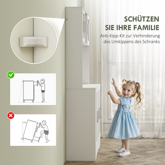 Кухонна шафа у скандинавському стилі з 4 дверцятами, регульованими полицями, скляними фасадами та відкритою полицею. Виготовлена з ДСП та МДФ, колір – білий.