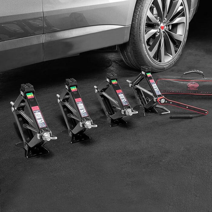 Гідравлічний домкрат Heyner 2т з чохлом, 17мм тріскачкою, гумовою накладкою, висота підйому 98-442мм. Автомобільний домкрат-ножиці, сертифікат TÜV/GS