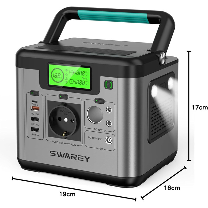 Портативна електростанція 518Wh, сонячний генератор з виходом 230V/500W (пікове 1000W), 65W USB-C, для кемпінгу, подорожей, RV, надзвичайних ситуацій