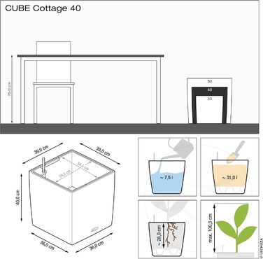 Горщик Lechuza Cube Cottage 30, 30x30x30 см, система автополиву, світло-сірий