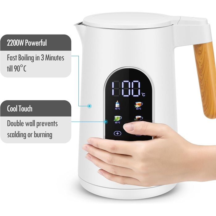 Електричний чайник ForMe з нержавіючої сталі, 1.7 л, регулювання температури 40-100°C, LED дисплей, функція підтримання тепла, BPA Free, білий