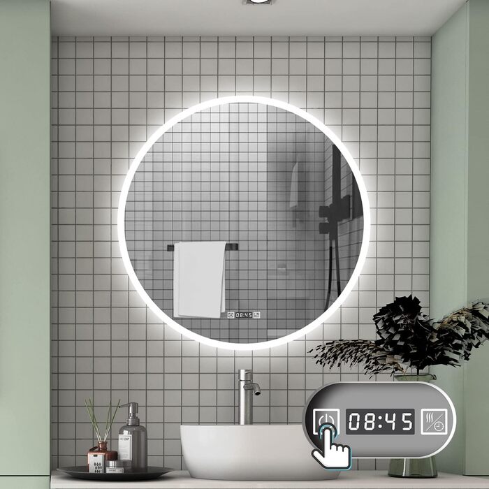 Круглий LED дзеркало для ванної кімнати 70 см з підсвіткою, сенсорне керування, протизапітніння, Alpha Series, холодне біле світло