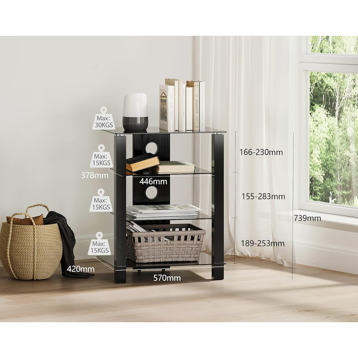 Стельова полиця FITUEYES для телевізора та аудіоапаратури з регульованою висотою, скло та алюміній