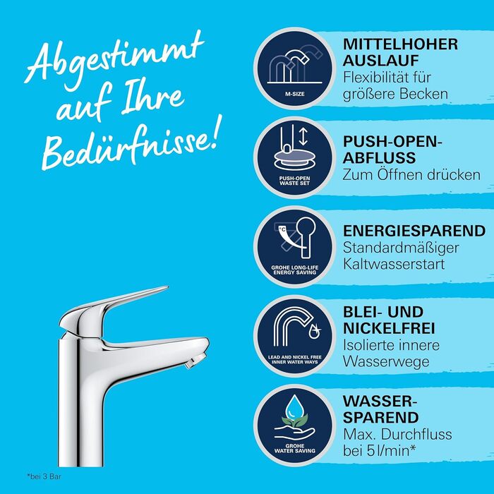 Змішувач для ванної кімнати Grohe Swift, хром, з донним клапаном Push-Open, 18 см, з інструментом 3-в-1