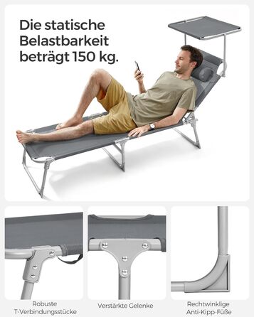 Лежак для відпочинку SONGMICS, розкладний, 193 x 53 x 29 см, до 150 кг, з подушкою, регульована спинка, для саду, басейну, тераси, темно-сірий