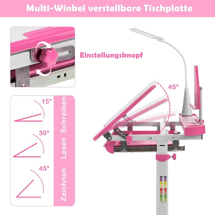 Дитячий письмовий стіл з регулюванням висоти та нахилу зі світлодіодною лампою, підставкою для книг, стільцем та шухлядою (рожевий)