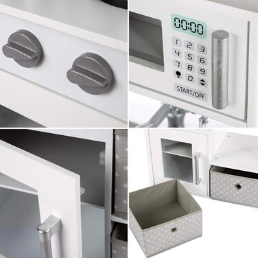 Дерев'яна дитяча кухня Kinderplay з LED та звуками приготування їжі, регульована висота 92–107 см, ігровий набір для дітей від 3 років, повний комплект з аксесуарами, світло-сірий колір (Vintage - White)