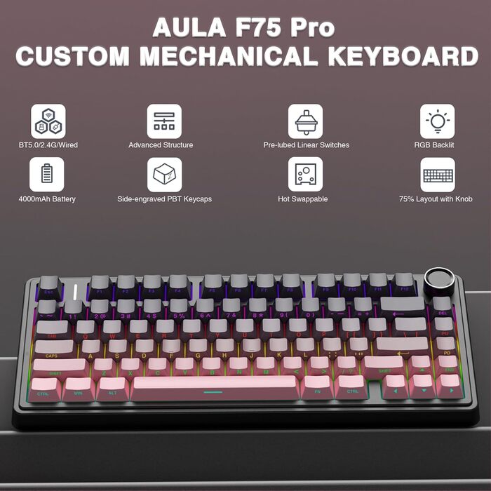 Механічна клавіатура AULA F75 PRO для геймінгу: 2.4GHz/Type-C/BT5.0, Hot-Swap, бездротова, 75%, QWERTY (сірий/чорний рожевий)