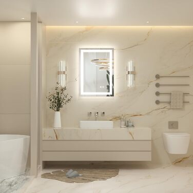 Дзеркало для ванної кімнати Keonjinn з підсвічуванням 50x70 см, без рами, LED, сенсорне управління, 3 кольори, диммування, пам'ять, протизапотівання