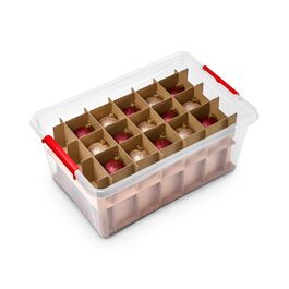 Коробка для прикрас Kreher X-Mas 40 літрів: ялинкові кулі, новорічний декор, з роздільниками (30 кульок). Прозора з червоним кришкою.