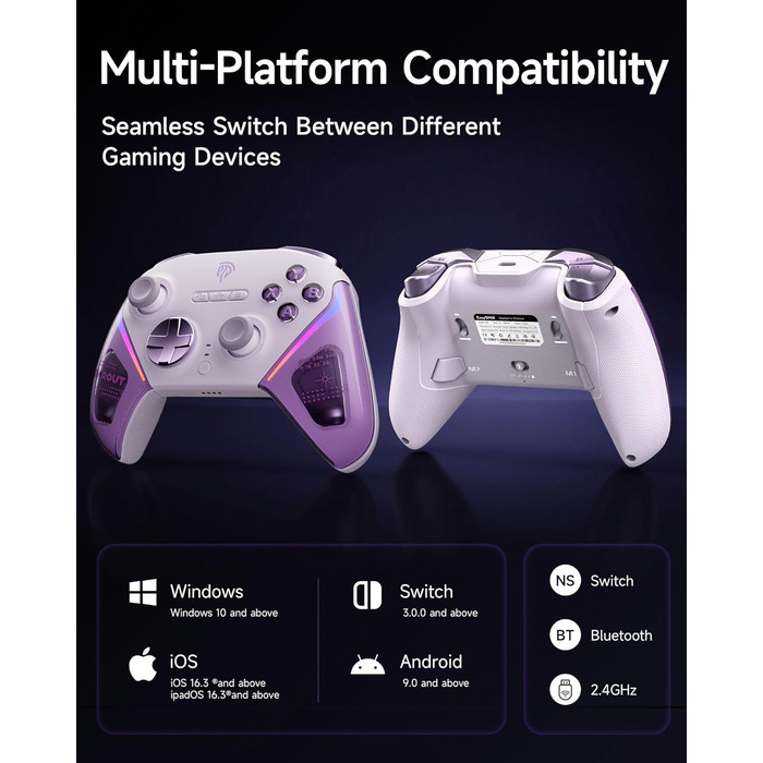 Контролер EasySMX D10 для ПК з підстанцією зарядки, бездротовий контролер з джойстиком TMR та 2-в-1 тригером, 1000Hz polling контролер з RGB підсвічуванням для ПК/Switch/телефону (фіолетовий)