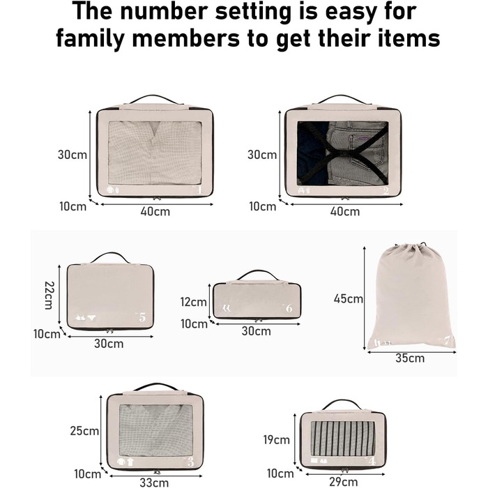 Набір органайзерів для подорожей ECOHUB для валізи, 7 шт, сумки для одягу та взуття з переробленого PET, екологічні пакувальні куби, бежевий