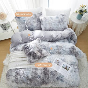 Комплект постільної білизни Menkala Plush 135x200, пухнастий, 2 предмети, сірий/білий, в т.ч. наволочки 80x80