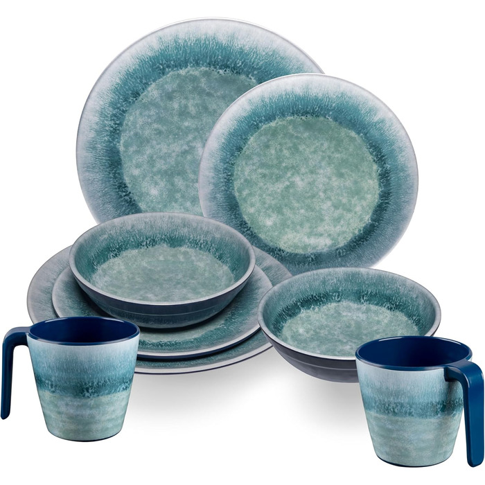 Набір посуду Melamin Adria Blue для 2 особи (8 предметів) - керамічний ефект, для кемпінгу, дому, пікніка