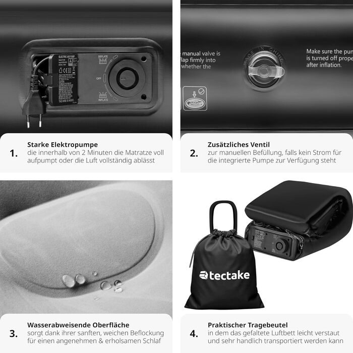 Надувна матрац Tectake® з електропомпою, 200 x 101 x 44 см - для кемпінгу, гостей, подорожей