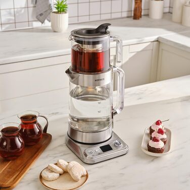 Електричний чайник та заварник Karaca X Refika XL з автоматичним регулюванням температури, 2л, 0.8л, 2200W, хром