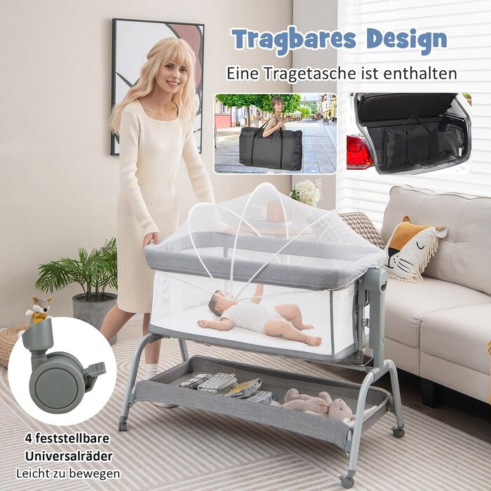 Дитяче ліжко COSTWAY 4-в-1 з москітною сіткою, колір сірий. Ліжко-гойдалка, манеж, колиска та туристичне ліжко з регульованою висотою та сумкою для перенесення. Підходить для малюків до 6 місяців.