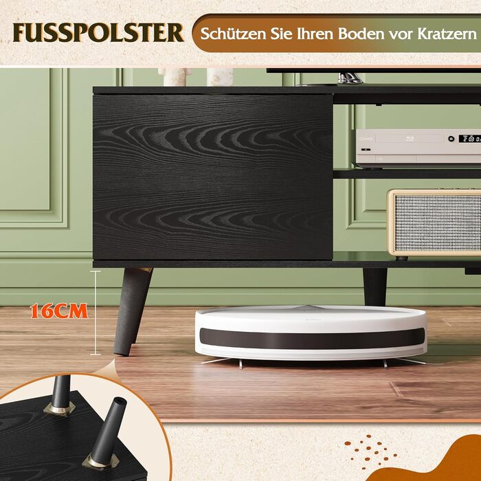 Тумба під телевізор WLIVE Schwarz 160x40x47 см, чорна, з 2 дверцятами та 2 відкритими полицями для вітальні, спальні, їдальні