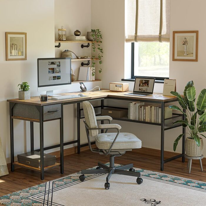 Комп'ютерний стіл CubiCubi L-подібний з розеткою, 148 x 120 см, коричневий, вінтажний, для офісу та дому