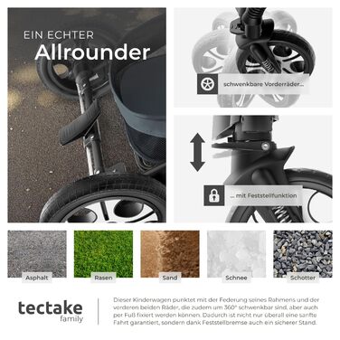 Дитяча коляска Tectake 2 в 1, розкладна, з люлькою, вагончиком, підстаканником, дощовиком, сірого кольору