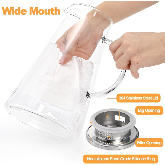 Скляна карафа WUWEOT 2 шт. по 2 літри з нержавіючою кришкою та виливом. Карафа для води, соку, молока, кави, вина, айс-ті.